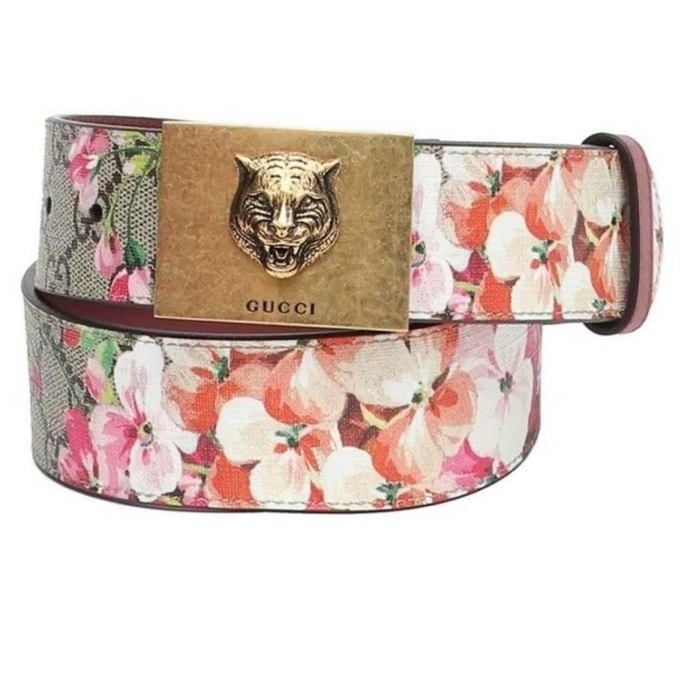 Gucci Pink Floral Belt with Gold Tiger Buckle